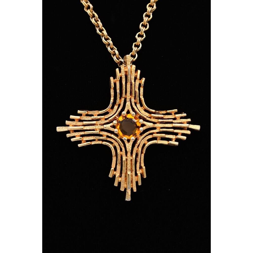 Sarah Cov Vintage Cross Necklace Pendant Orange Open Bezel Crystal Signed Bin3C